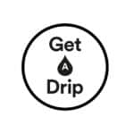 A black circle encloses the words “Get Drip,” with “Get” on top and “Drip” at the bottom. Centered is a black water droplet featuring a white “A,” forming the phrase “Get A Drip,” inspired by IV Vitamin Therapy, on a plain white background.