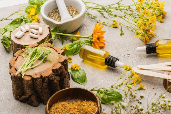 Herbal medicine items: glass bottles with yellow oil, droppers, white capsules, and fresh herbs evoke a natural apothecary setting—perfect for those interested in Heal Wellness or exploring homeopathy safety.